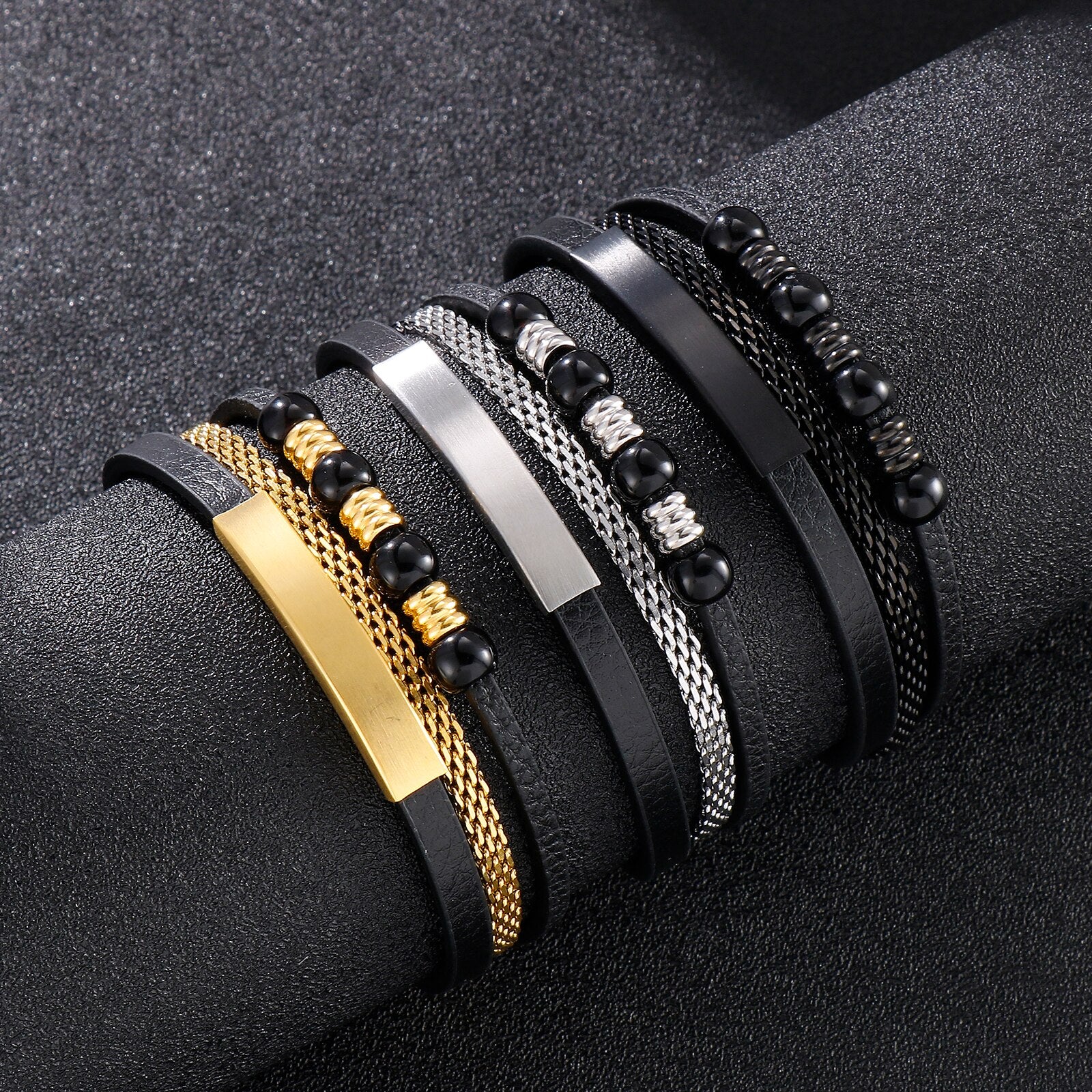 Leather and Steel Cyberpunk Triple Layer Bangle Bracelet