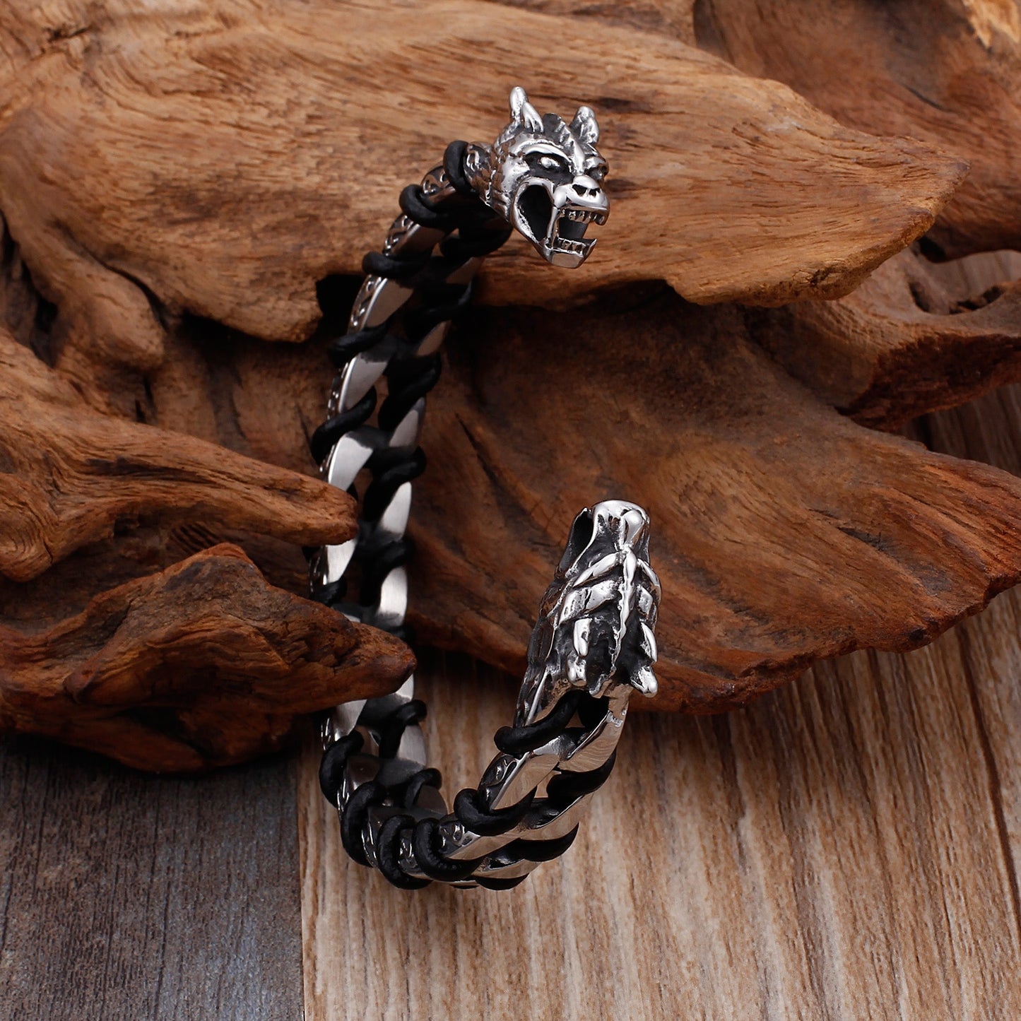 Dragon Steel and Leather Bangle Bracelet