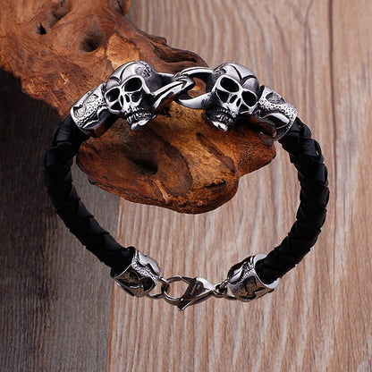 Skull Head Black Braided Leather Bracelet Men Stainless Steel Punk Man Viking Bracelets Jewelry