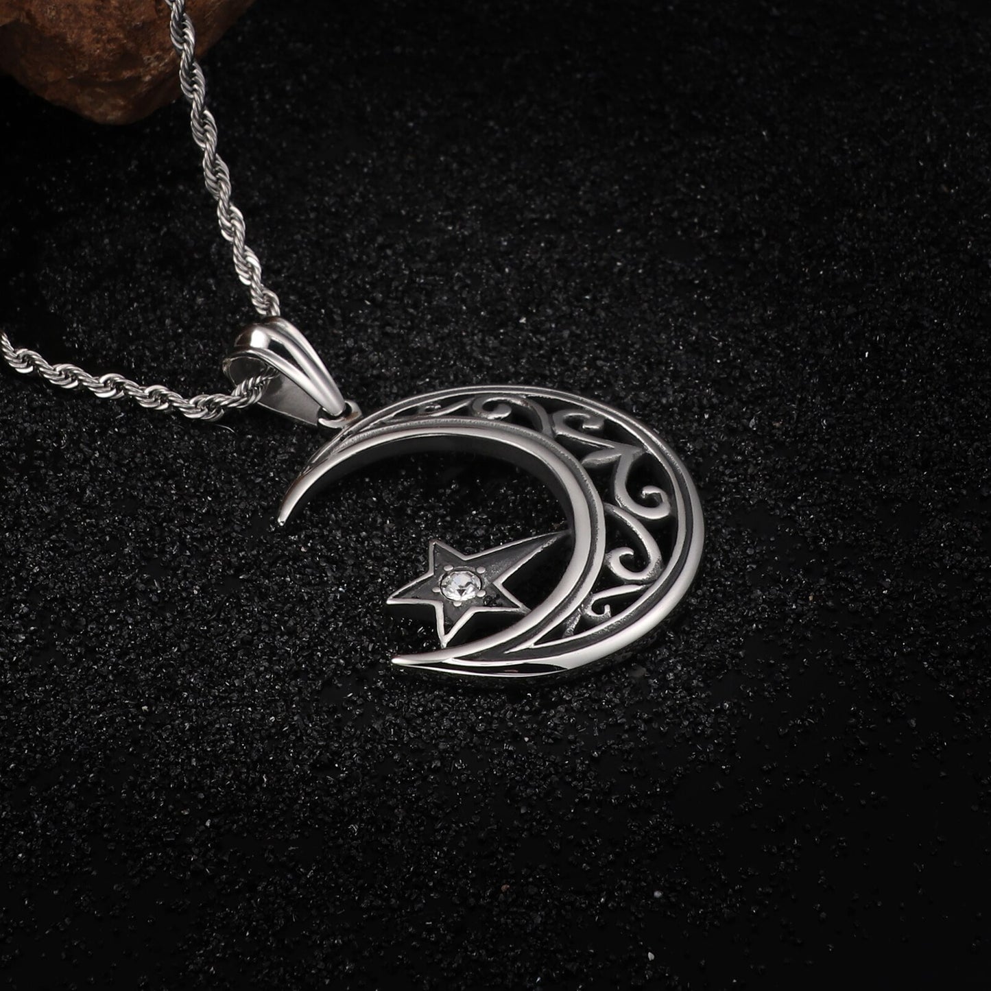 Moon and Star Scrollwork Pendant Necklace