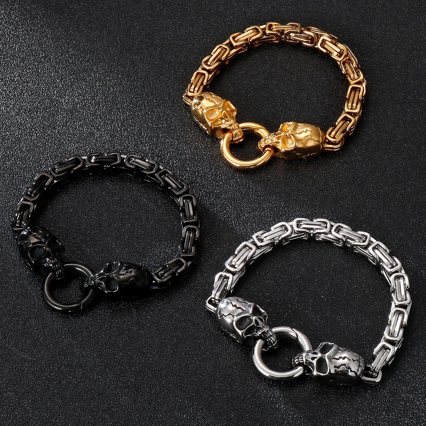 Punk Skull Head Viking Black Gold Silver Color Stainless Steel Box Link Chain Men Bracelet Fashion Jewelry