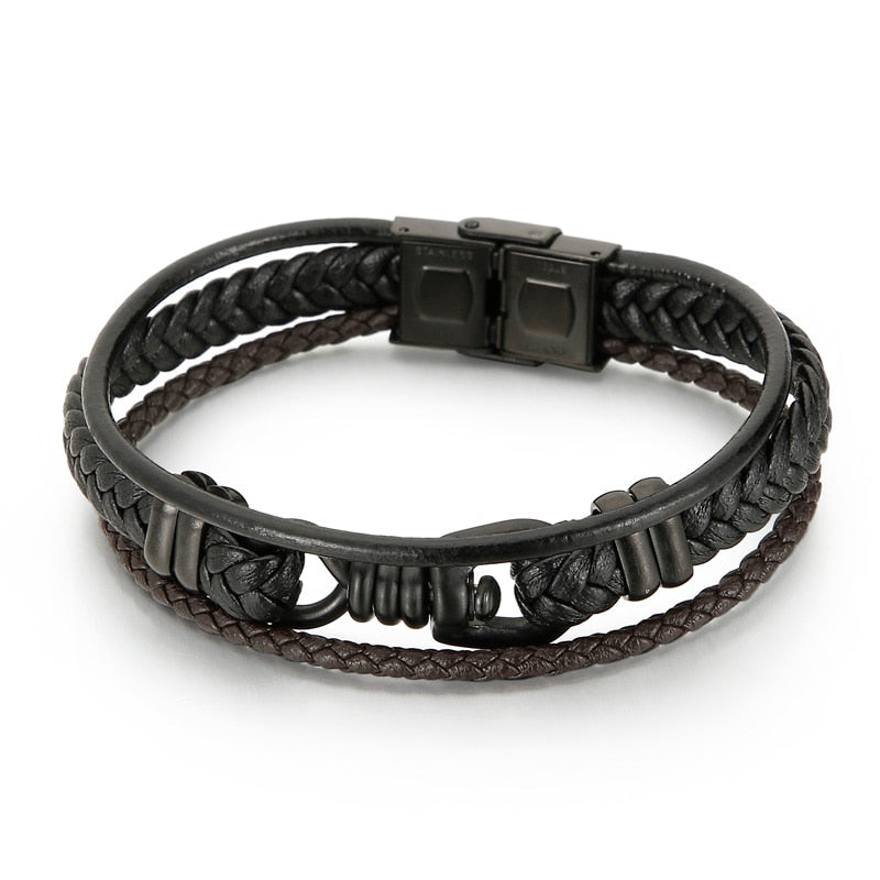Rock Band Classic Leather Braided Multi-Layer Men Bracelet Screw Stainless Steel Charm Trendy Bangle Male Jewelry