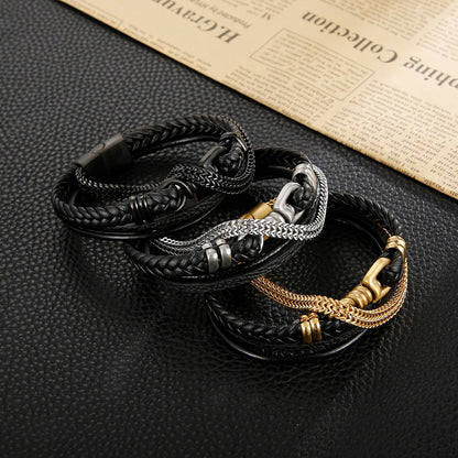 Multi-Layer Braided Leather Bracelet For Men Stainless Steel Link Chain and Rope Punk Fashion Black Bangle Jewelry