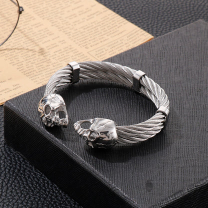 Skull Head Charm Wide Braided Men Opening Bangle Stainless Steel Gothic Style Trendy Bracelet Jewelry Gift