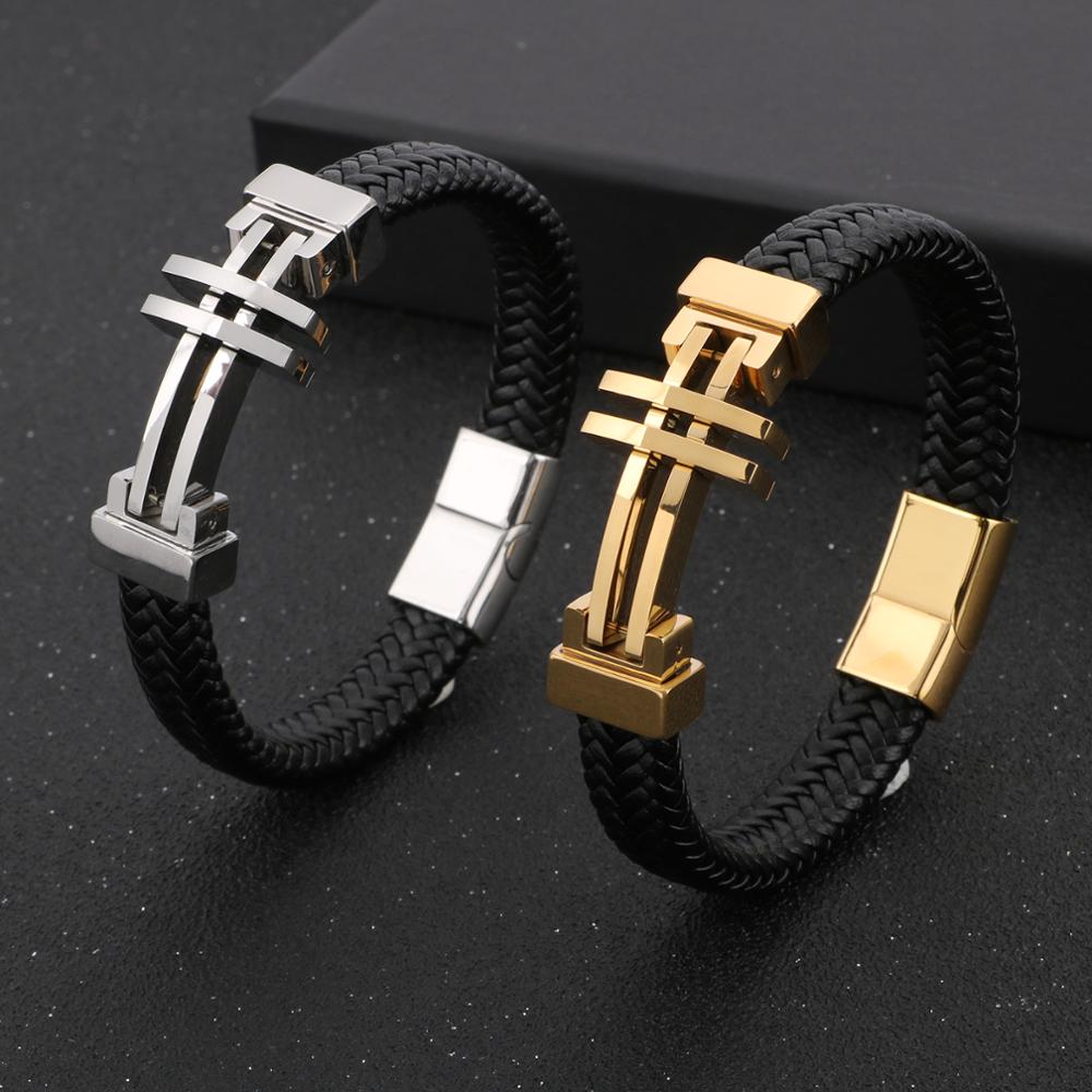 Vintage Cross Black Leather Bracelet Stainless Steel Punk Men Bracelets Jewelry Accessories