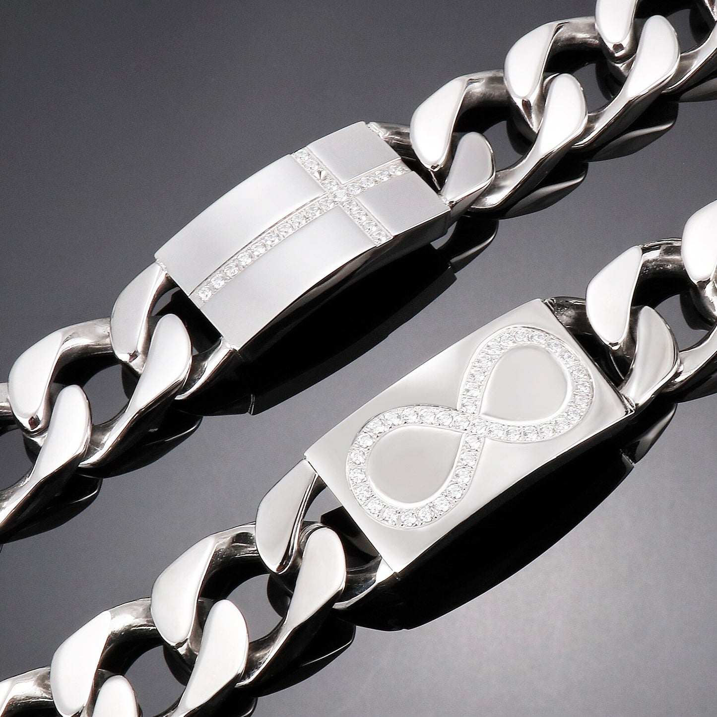 Infinity and Cross Plate Diamnd and Steel Angle Link Bracelet