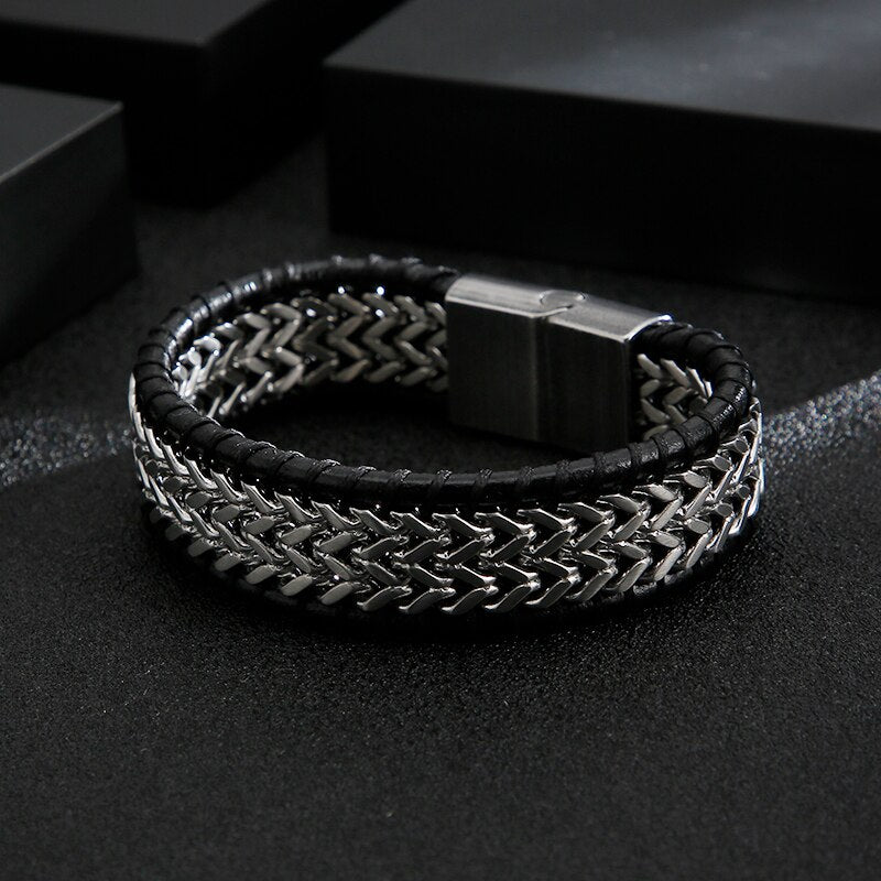 Mesh Stainless Steel Wide Chain Bracelet Braided Genuine Cowhide Leather Woven Rope Punk Bracelets with Magnet Clasp