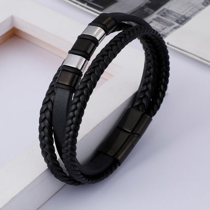 Vintage Leather Bracelet Men Stainless Steel Black Weave Charm Bracelets Male Fashion Jewelry