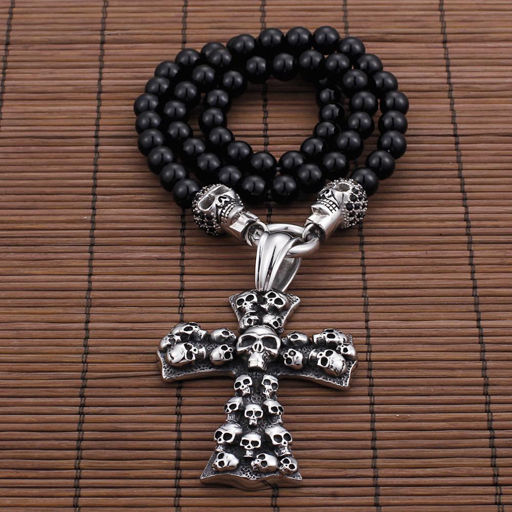 Skull Cross Stone Bead King's Chain Pendant Necklace