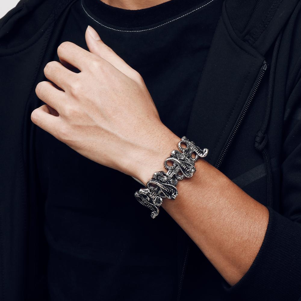 Snake Charms Cool Men's Bracelet Blacken Stainless Steel Wide Gothic Style Animal Special Male Bracelets Fashion Jewelry