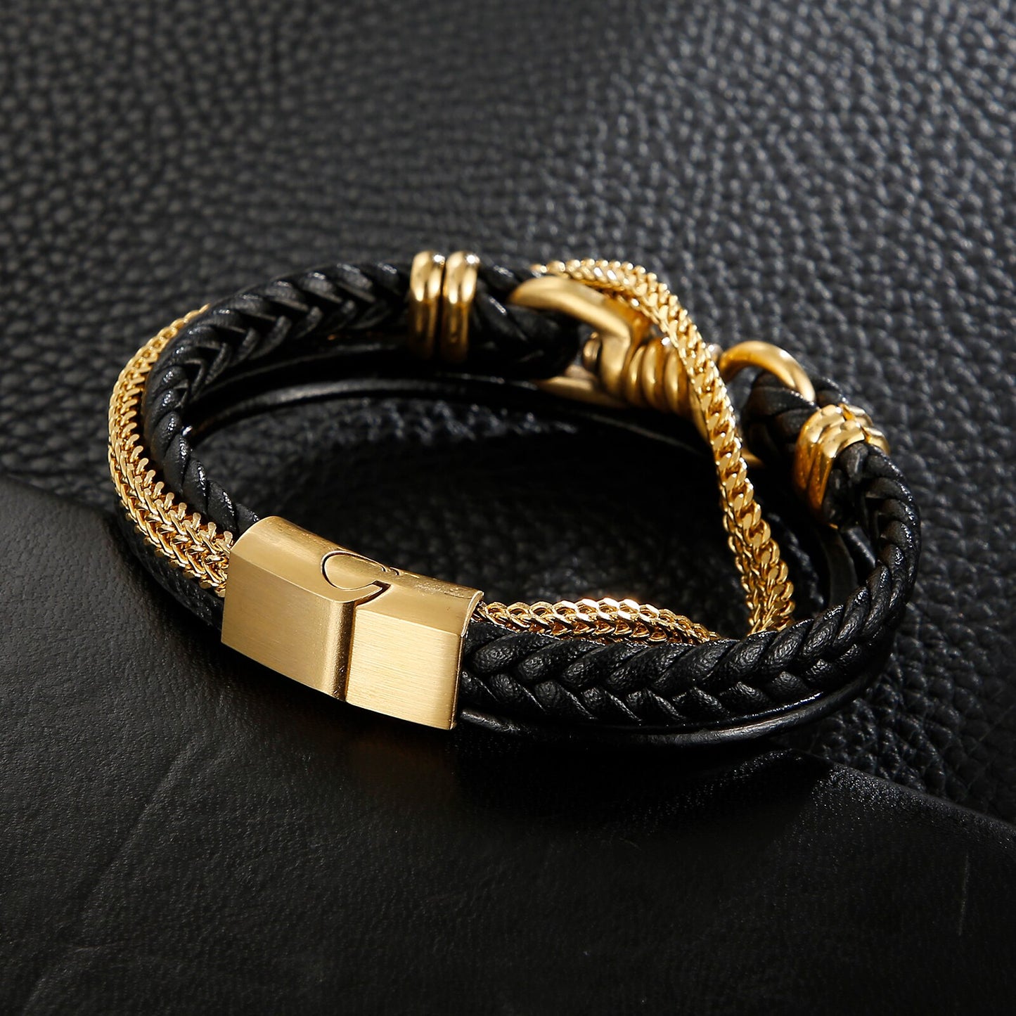 Multi-Layer Braided Leather Bracelet For Men Stainless Steel Link Chain and Rope Punk Fashion Black Bangle Jewelry