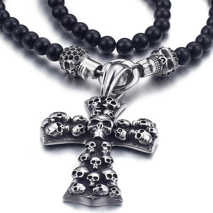 Skull Cross Stone Bead King's Chain Pendant Necklace