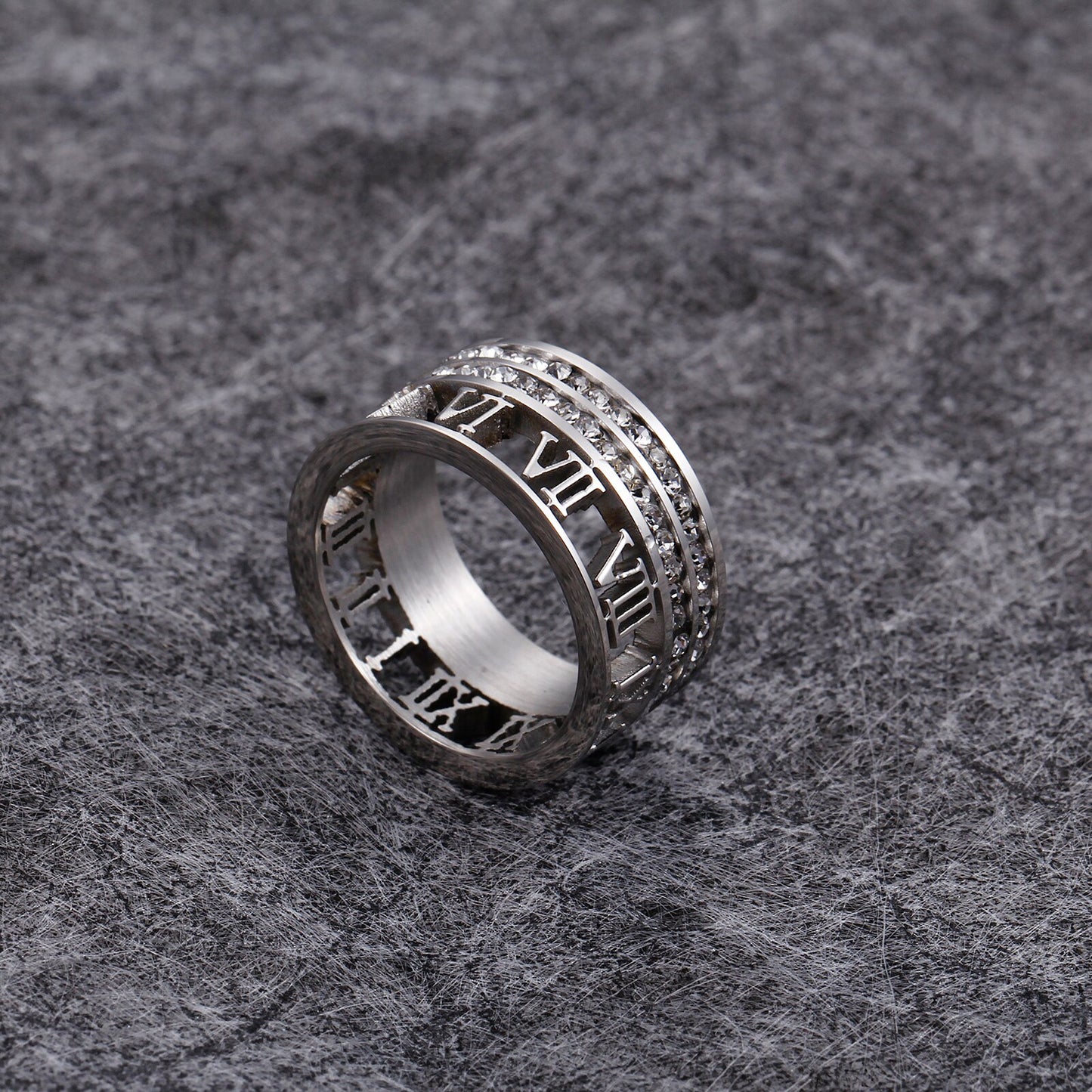 Crystal-Ringed Roman Numerals Slimline Ring