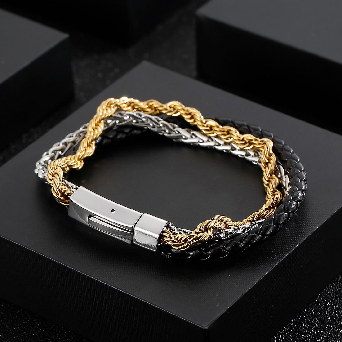 Three Layers Braided Rope Men Bracelet Stainless Steel Leather Link Chain Twisted Jewelry