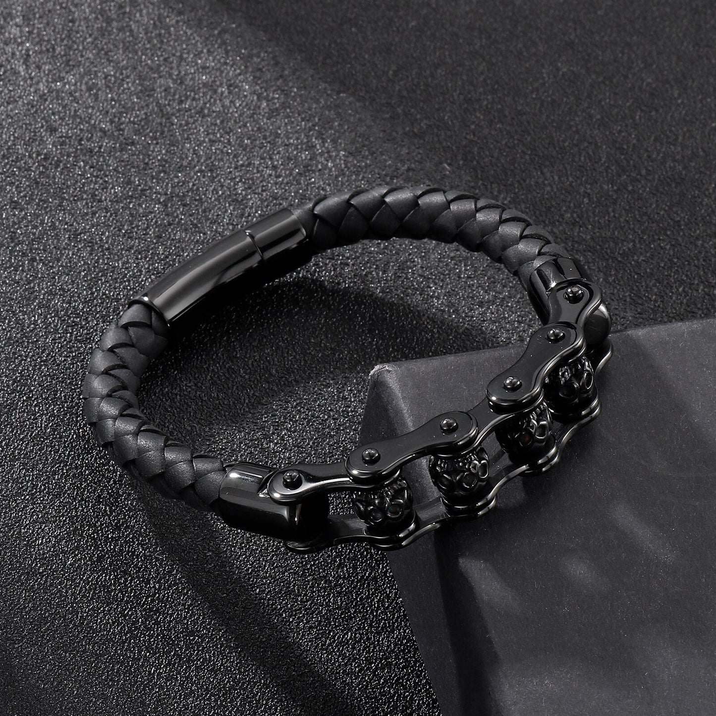 Vintage Bicycle Chain Woven Braided Leather Men's Bracelet Retro Metal Beads Charm Fashion Wristband Bangle