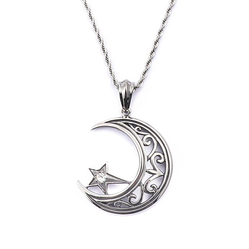 Moon and Star Scrollwork Pendant Necklace