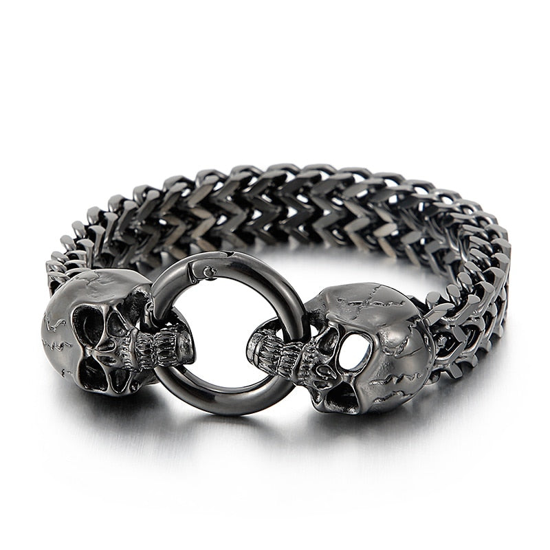 Cracked Skull Clasp Dual Strand Steel Chain Bracelet