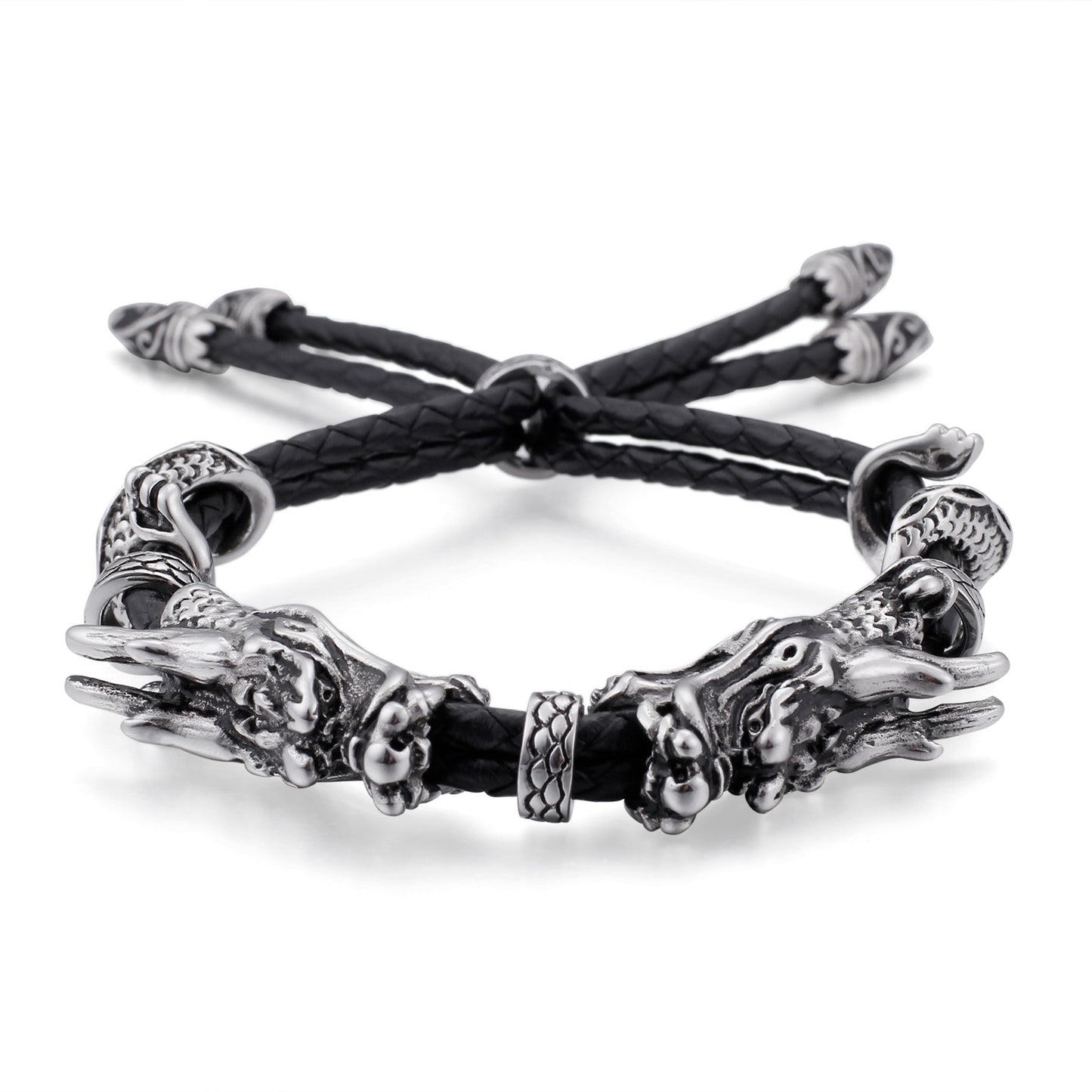 Stainless Steel Men Dragon Bracelet Interwoven with Black Genuine Leather Rope Strap Adjustable Bangle Fashion Jewelry
