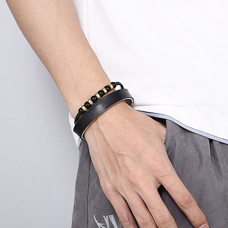 Multi-Layer Leather Men bracelet Beads Snake Link Chain Charm Rope Round Classic Simple Fahsion Male Jewelry Gift