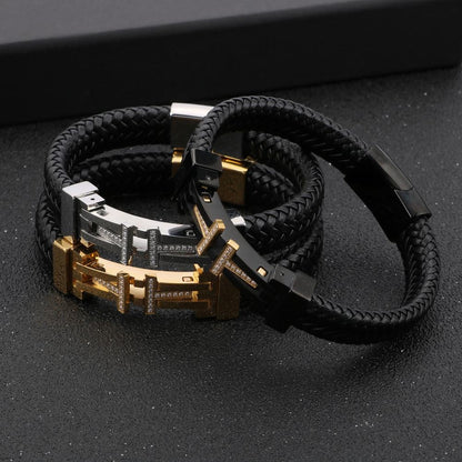 Punk Men Jewelry Black Braided Leather Charm Bracelet Stainless Steel Magnetic Clasp Fashion Bangles