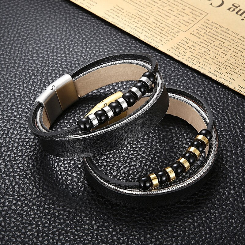 Multi-Layer Leather Men bracelet Beads Snake Link Chain Charm Rope Round Classic Simple Fahsion Male Jewelry Gift