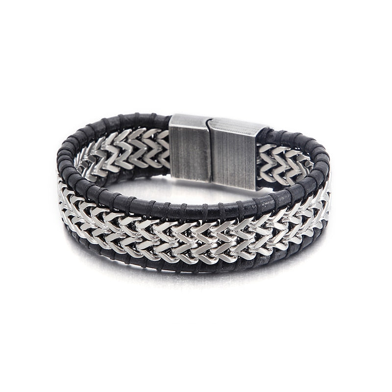 Mesh Stainless Steel Wide Chain Bracelet Braided Genuine Cowhide Leather Woven Rope Punk Bracelets with Magnet Clasp