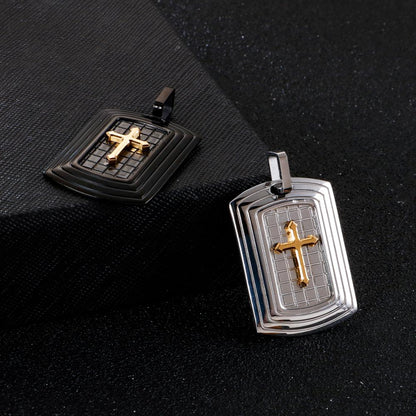 High Contrast Cross Front Dog Tag Pendant Necklace