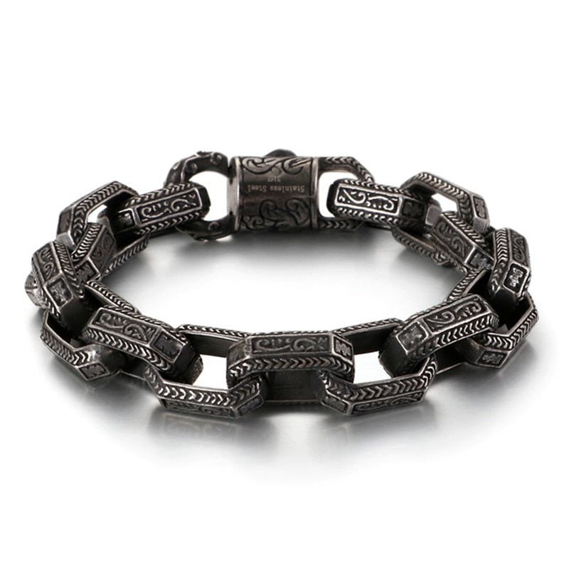 Vintage Square Bead Bracelet Men Black Stainless Steel Viking Punk Charms Heavy Bracelets Fashion Jewelry
