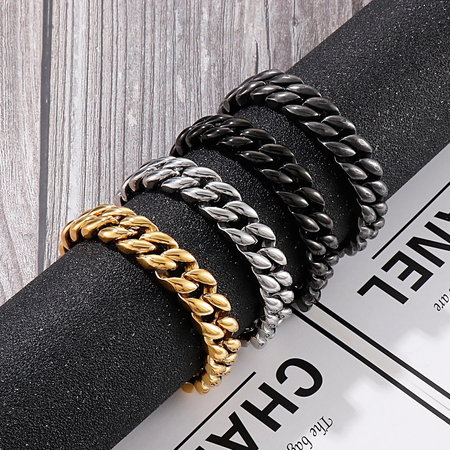 Viking Curb Cuban Chain Wide Bracelet Men Gold Black Stainless Steel Punk Style Heavy Trendy Jewelry