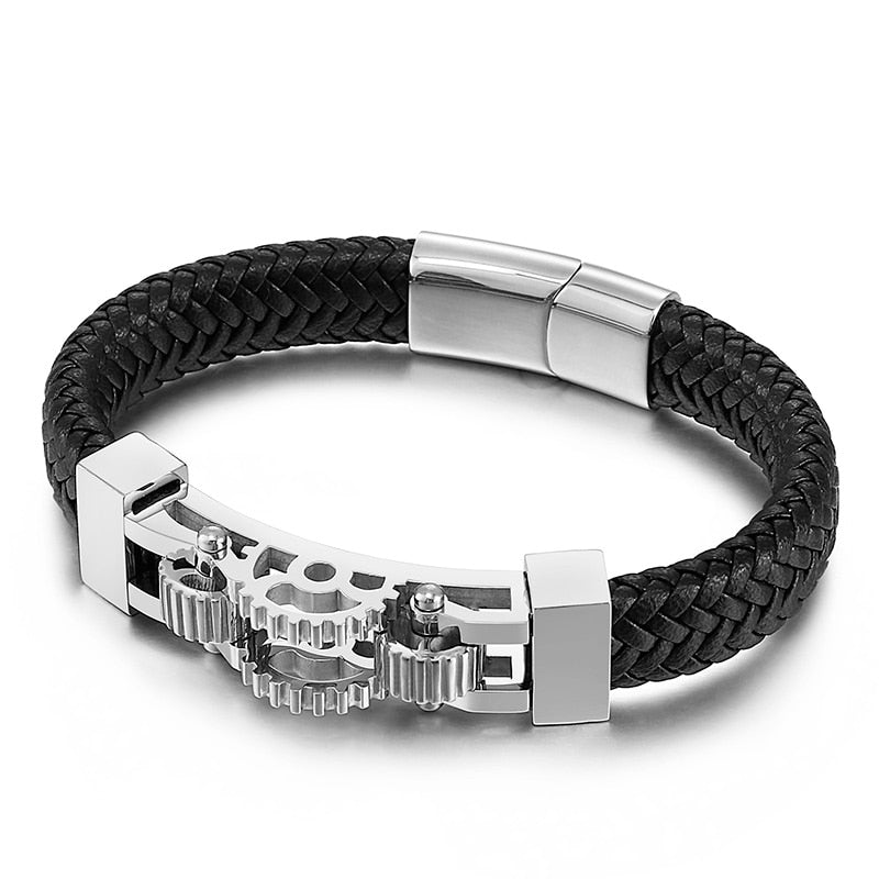 Men Classic Braided Leather Bracelet Gearwheel Charm Stainless Steel Punk Fashion Bangle Jewelry