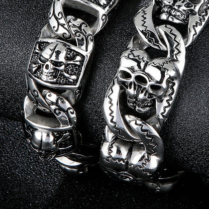 Huge Hand-Engraved Skull Cabochon Link Bracelet