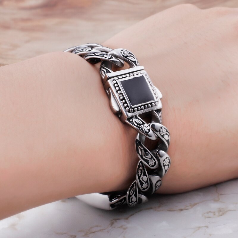Round Box Chain Bracelet  Stainless with Black Curb Charm
