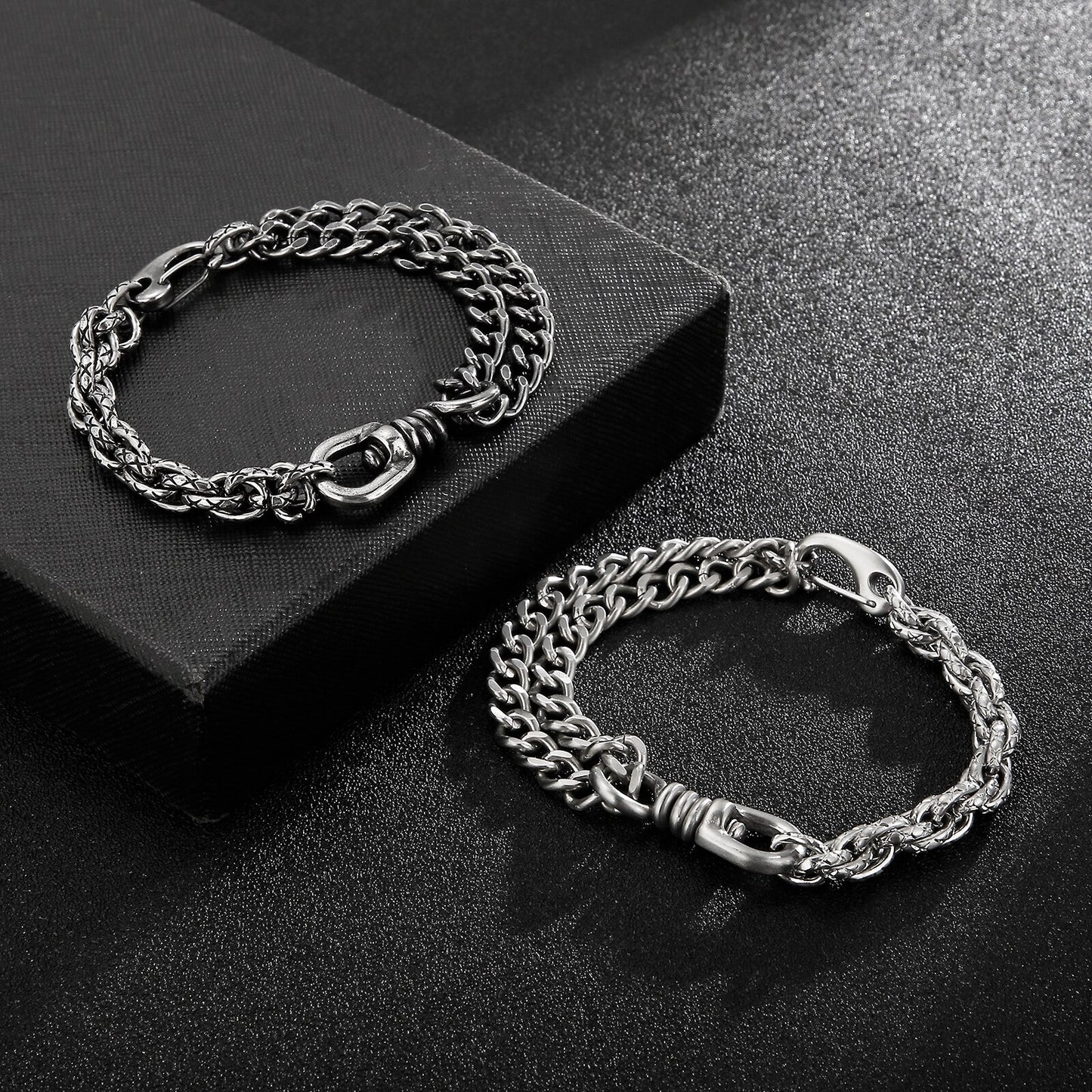 Retro Link Chain Punk Men Bracelet Matte Black Stainless Steel Double Chains Rock Trendy Party Jewelry