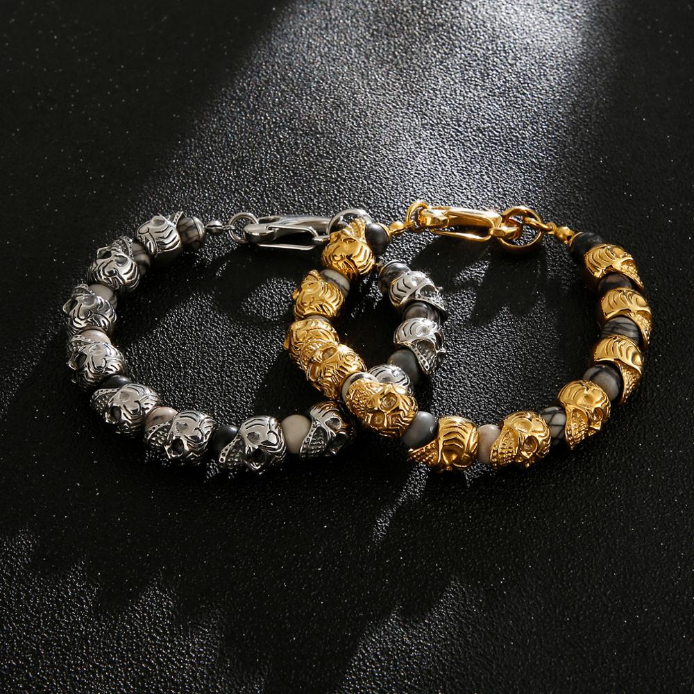 Skull Head and Stone Beads Mens Bracelet