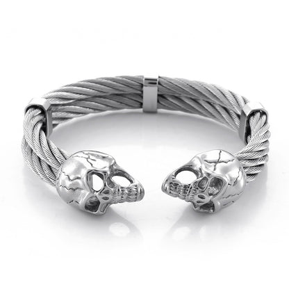 Skull Head Charm Wide Braided Men Opening Bangle Stainless Steel Gothic Style Trendy Bracelet Jewelry Gift