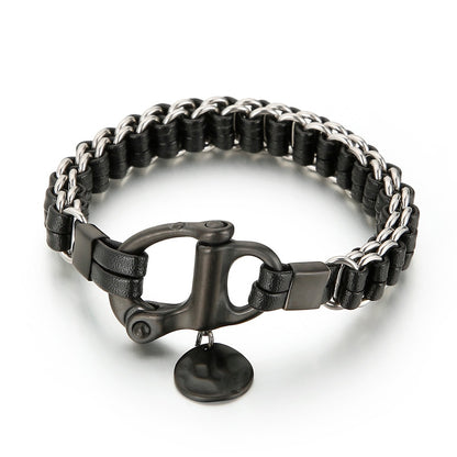 Punk Rock Big Clasp Men Leather Bracelet Round Charm Rope with Stainless Steel Classic Bangle Jewelry