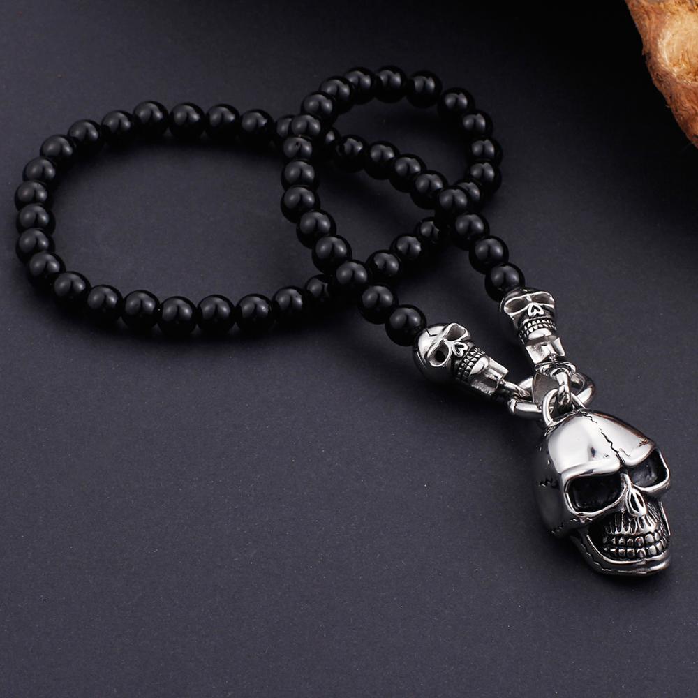 Stone and Steel Skull Capped King's Chain Skull Pendant Necklace