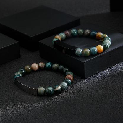 Stone Bead bracelet Men with Stainless Steel Cube Charm Rosary Beads Bangle Retro Mens Bracelets Jewelry