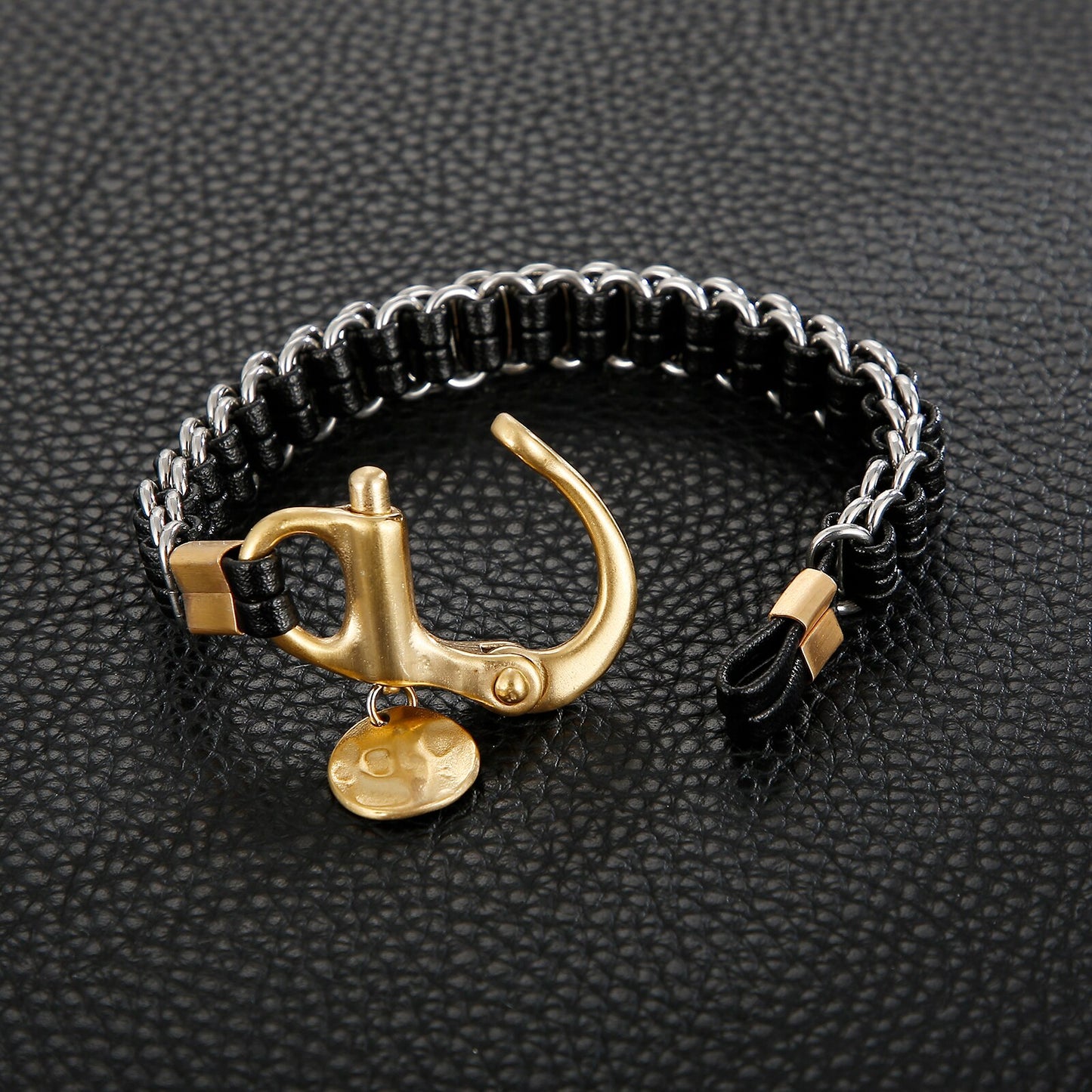 Punk Rock Big Clasp Men Leather Bracelet Round Charm Rope with Stainless Steel Classic Bangle Jewelry
