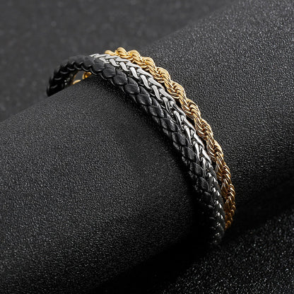 Three Layers Braided Rope Men Bracelet Stainless Steel Leather Link Chain Twisted Jewelry