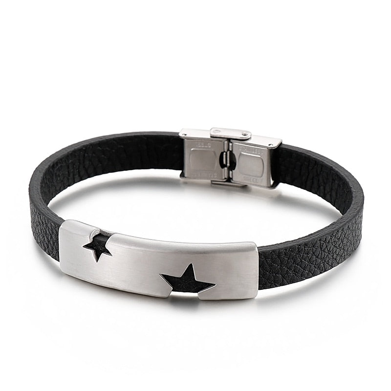 Star Punch Steel Bar and Leather Bracelet