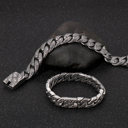Vintage Totem Pattern Cuban Chain Men Bracelet Blacken Stainless Steel Punk Wide Big Wristband Trendy Bangle Jewelry