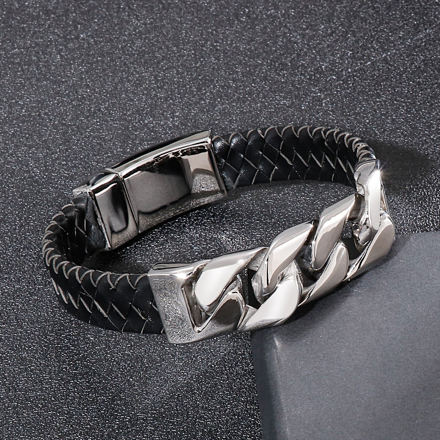 Leather and Stainless Steel Chain Bracelet