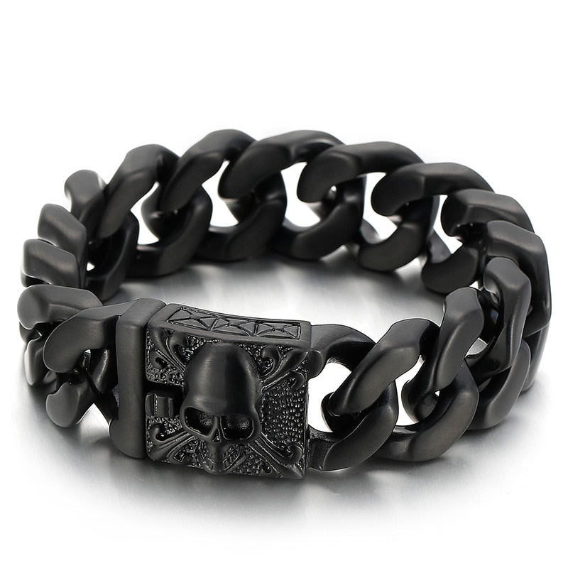 Men Black Gothic Style Skull Pattern Darkness Jewelry Carving Shiny Design Fashion Traditional Punk Bracelet