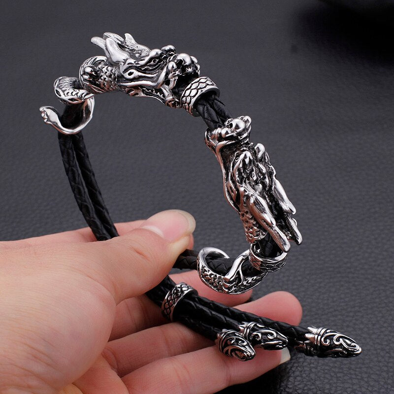 Stainless Steel Men Dragon Bracelet Interwoven with Black Genuine Leather Rope Strap Adjustable Bangle Fashion Jewelry