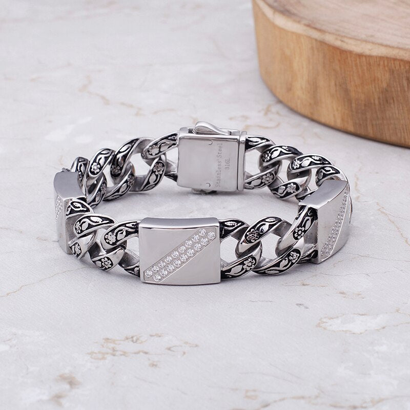 Round Box Chain Bracelet  Stainless with Black Curb Charm