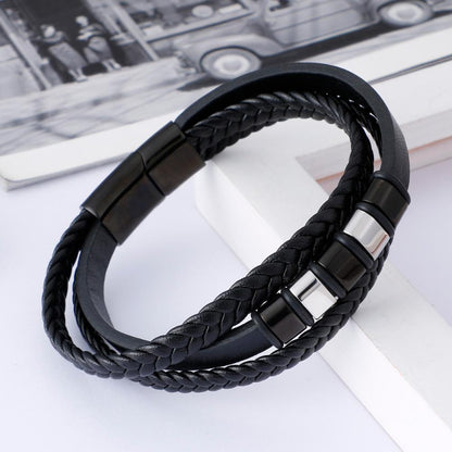 Vintage Leather Bracelet Men Stainless Steel Black Weave Charm Bracelets Male Fashion Jewelry