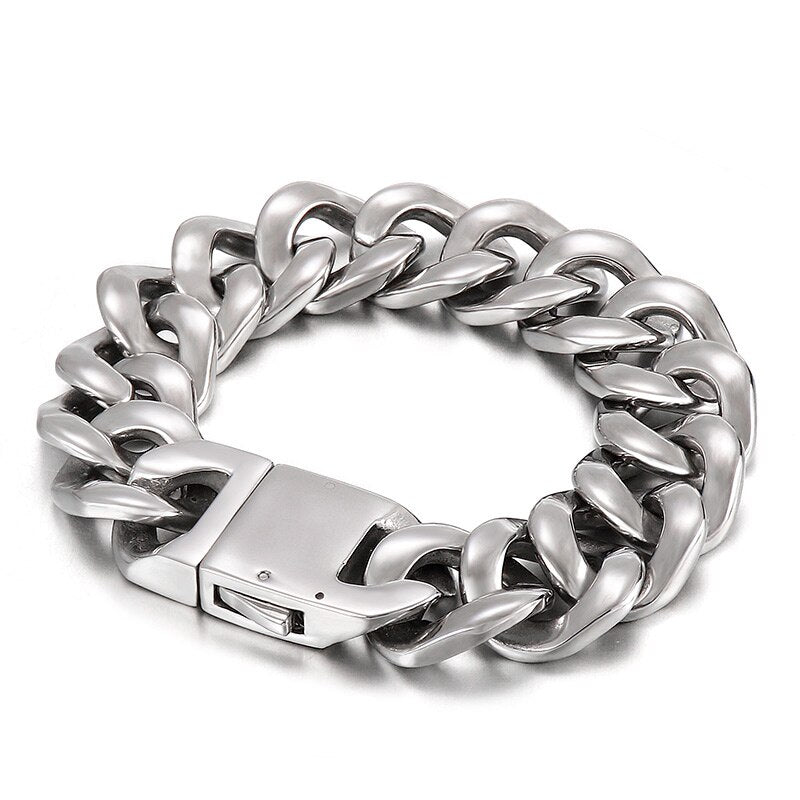 Wide Cuban Link Chain Polished Silver Color Stainless Steel Heavy Gothic Viking Fashion Men Bracelet