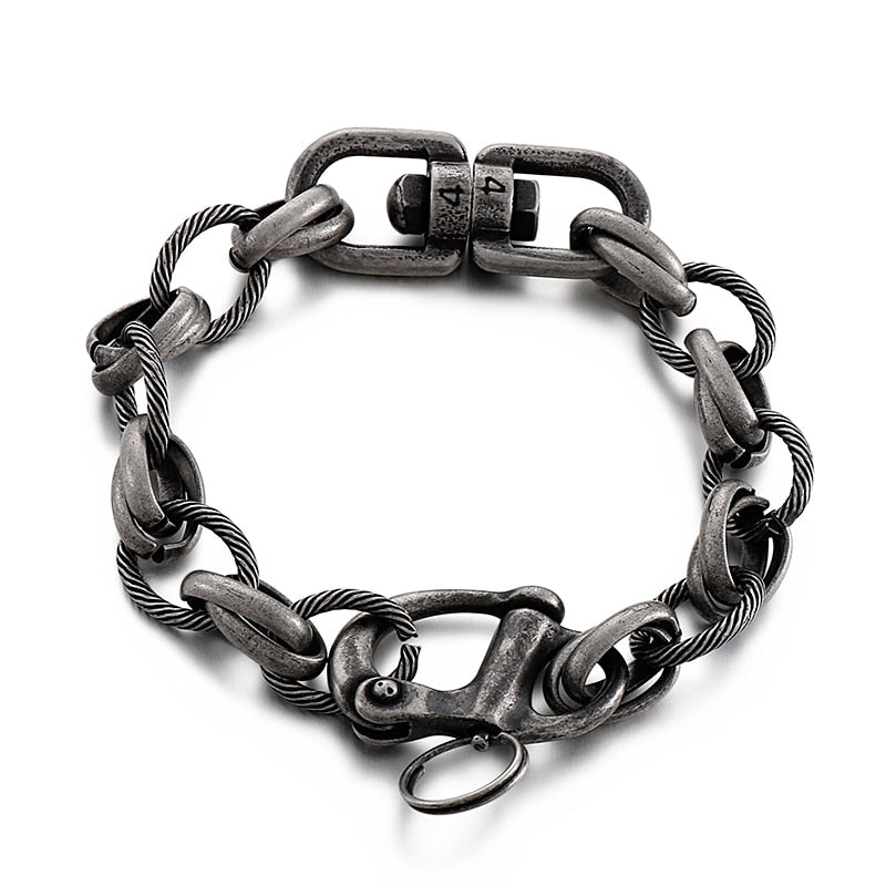 Punk Round Link Chain Cuff Men Bracelet Vintage Stainless Steel Big Clasp Charm Rock Fashion Jewelry
