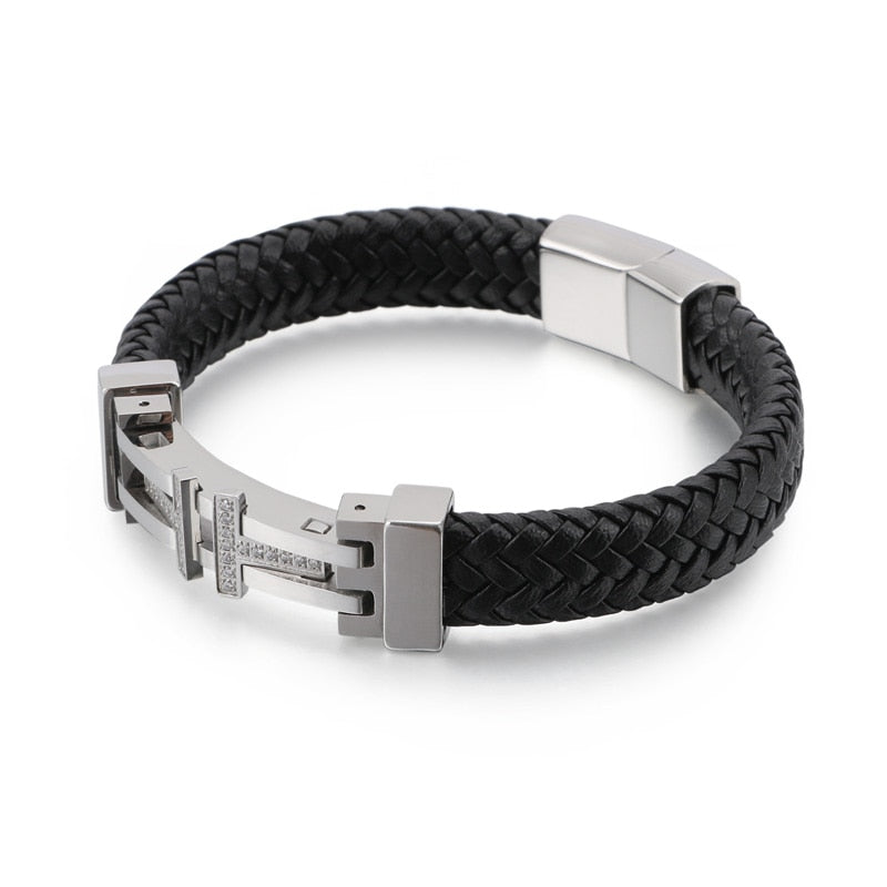 Punk Men Jewelry Black Braided Leather Charm Bracelet Stainless Steel Magnetic Clasp Fashion Bangles